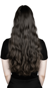 Back view of woman with long wavy black hair, isolated on transparent background png