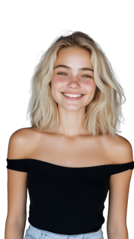 Smiling young woman with long blonde hair in black top, isolated on transparent background png