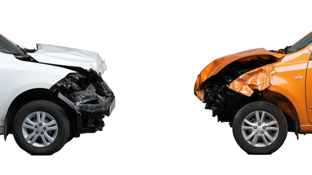Damaged orange car with broken front bumper, isolated on transparent background png