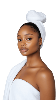 Woman with towel wrapped around head after bath, isolated on transparent background png