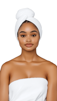 Woman in towel with hair wrapped, post-shower, isolated on transparent background png
