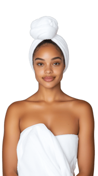 Young woman in towel with hair wrapped, ready for spa, isolated on transparent background png
