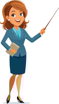 Smiling businesswoman holding book and pointing with pointer stick vector