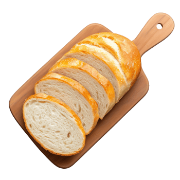Loaf of fresh bread with several slices on wooden board, isolated on transparent background png