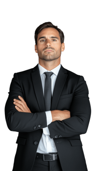 Businessman with arms crossed in formal attire, isolated on transparent background png