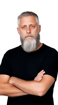 Older man with gray beard and arms crossed, isolated on transparent background png