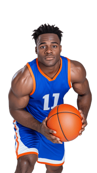 Basketball player holding ball in blue jersey, isolated on transparent background png