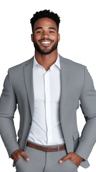 Young businessman in grey suit smiling confidently, isolated on transparent background png