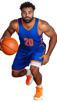 Strong athlete in basketball gear holding ball, isolated on transparent background png