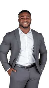 Cheerful man in suit with hands in pockets, isolated on transparent background png