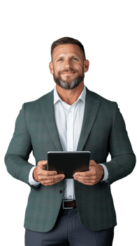 Smiling man in green blazer holding tablet, isolated on transparent background png