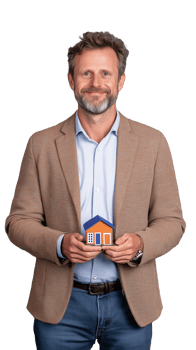 Smiling real estate agent presenting small house model, isolated on transparent background png