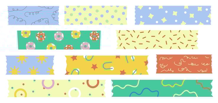 Washi tapes big collection. Set of colourful scrapbook stripes or sticky label tags, isolated on white background. Trendy abstract patterned decorative scotch tape designs. vector