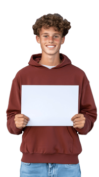 Smiling young man in hoodie holding blank whiteboard, isolated on transparent background png