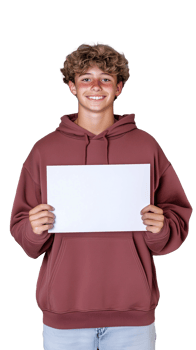 Teenage boy holding blank whiteboard in maroon hoodie, isolated on transparent background png