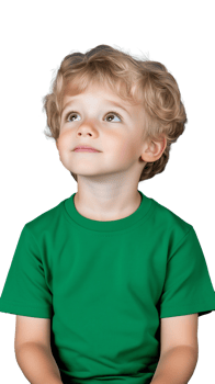 Cute young boy in green T-shirt looking up, isolated on transparent background png
