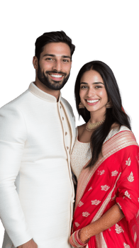 Smiling couple in traditional attire, embracing, isolated on transparent background png