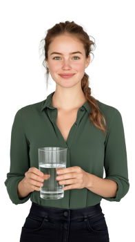 Smiling woman holding glass of water, isolated on transparent background png