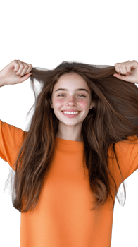 Playful young girl holding her long hair up, smiling, isolated on transparent background png