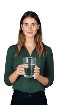 Young woman with glass of water in hands, looking straight, isolated on transparent background png