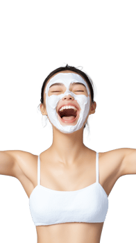 Woman with face mask treatment, wearing white, relaxed and laughing, isolated on transparent background png