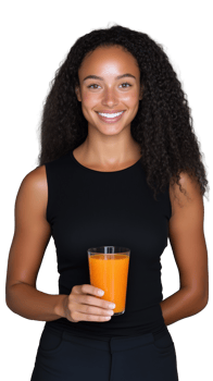 Athletic woman holding a glass of orange juice, smiling in workout attire, isolated on transparent background png