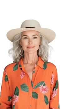 Stylish senior woman in orange shirt and hat, smiling, isolated on transparent background png