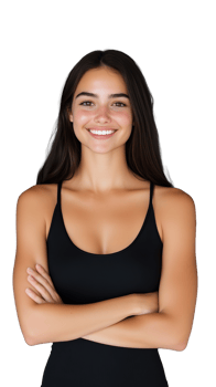 Young woman in black sports top smiling confidently, isolated on transparent background png