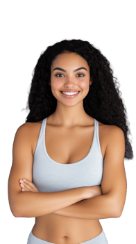 Confident woman in activewear with hands on hips, isolated on transparent background png