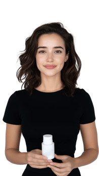 Woman holding a glass of water, dark outfit, isolated on transparent background png