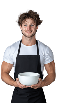 Smiling young male chef in apron holding a bowl, isolated on transparent background png