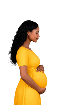 Pregnant woman in yellow dress with hand on belly, isolated on transparent background png