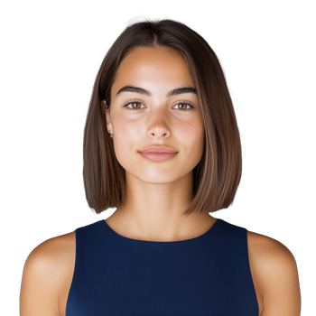 Smiling young woman with brown bob haircut, isolated on transparent background png