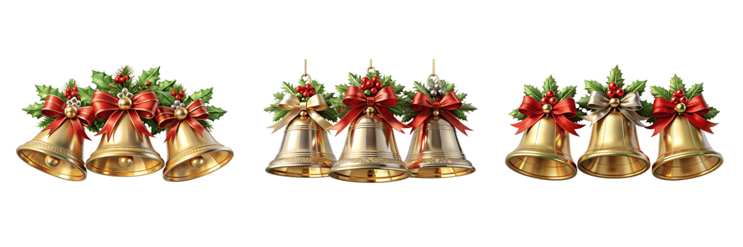 Decorative Christmas bells with holly and ribbons png