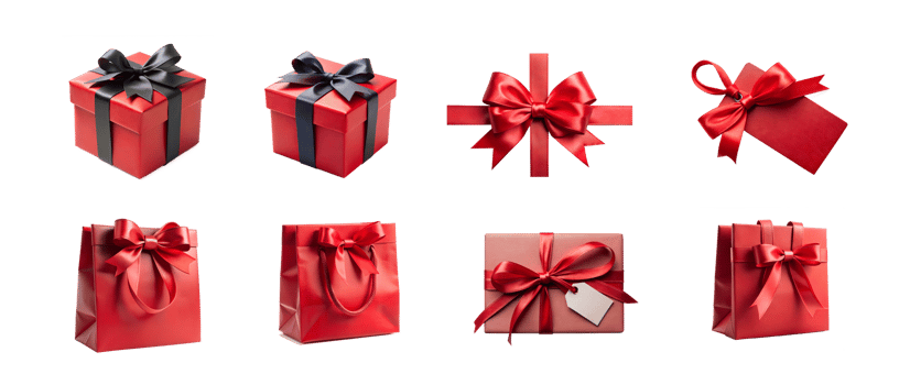 Colorful collection of red gift boxes and bags png