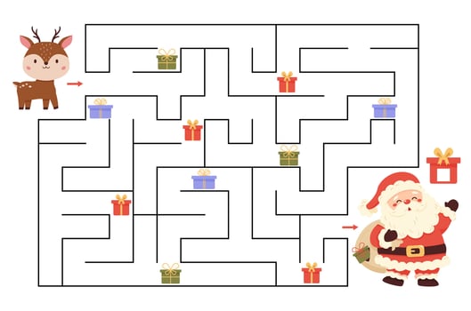 Maze game. Help the reindeer collect all the lost Christmas gifts. Count and write them down. Santa Claus's bag of gifts has torn. Labyrinth. Educational puzzle template. vector