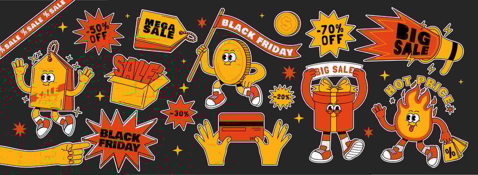 Retro sale shopping stickers. Black Friday characters. Vintage promotion, advertising, social media design. Funky groovy marketing visuals mascot patches vector