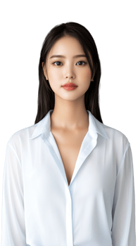 Young Asian woman with straight black hair in a white blouse posing with a serious expression against a transparent background. png