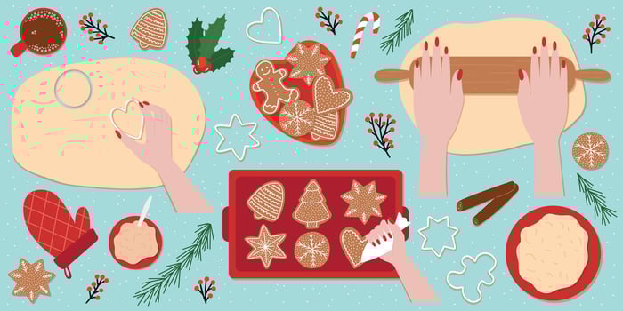 Gingerbread cookies making set. Flat set of hands rolling out dough and decorating cookies with sugar glaze vector