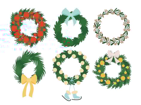 Flat wreath set with Christmas decor. set of Christmas tree wreath vector