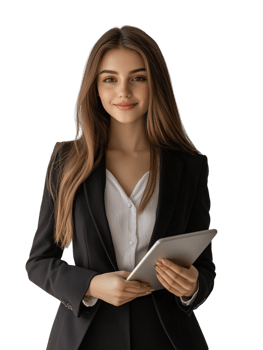 A beautiful young woman in a business suit holding a tablet png