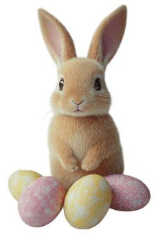 A brown rabbit sitting next to some colorful eggs png