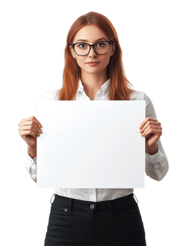 A woman in glasses holding a blank sign png