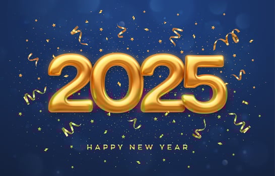 Happy New Year 2025. Golden 3D numbers 2025 on blue background. Realistic festive metallic luxury gold numbers. Merry Christmas and Happy New Year greeting card. vector