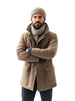 A man in a coat and scarf standing with his arms crossed png