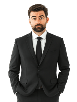A man in a suit and tie standing with his hands on his hips png