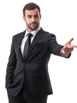 A man in a suit pointing at something png