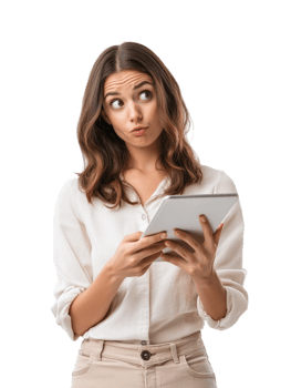 A woman holding a tablet computer looking up png