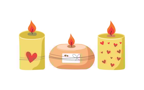 Set of beautiful burning candles with attached tag, card. Heart shape. Wax cozy candle with flame, fire. Valentine's day. Romantic element for holiday, decoration, decor, coziness. Flat illustration. vector