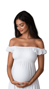 Pregnant woman in off shoulder white dress holding her belly with a serene expression, representing motherhood on a transparent background. png